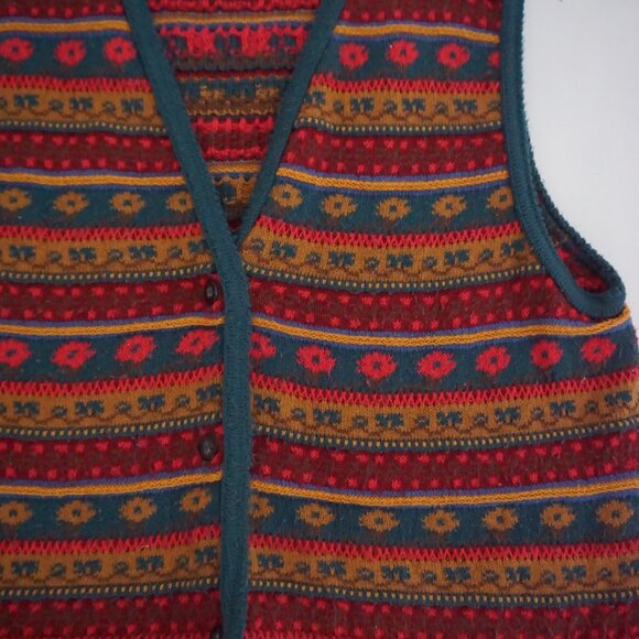 Vintage Lizsport Red Teal Southwestern Geometric Striped Knit Sweater Vest L - Picture 5 of 9